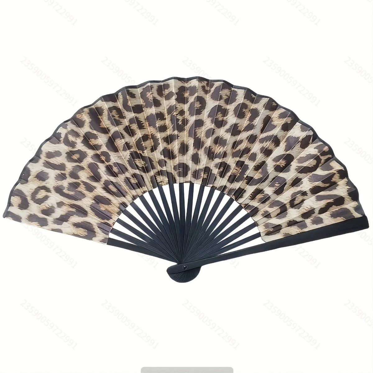 Leopard print folding hand fan with a black frame.