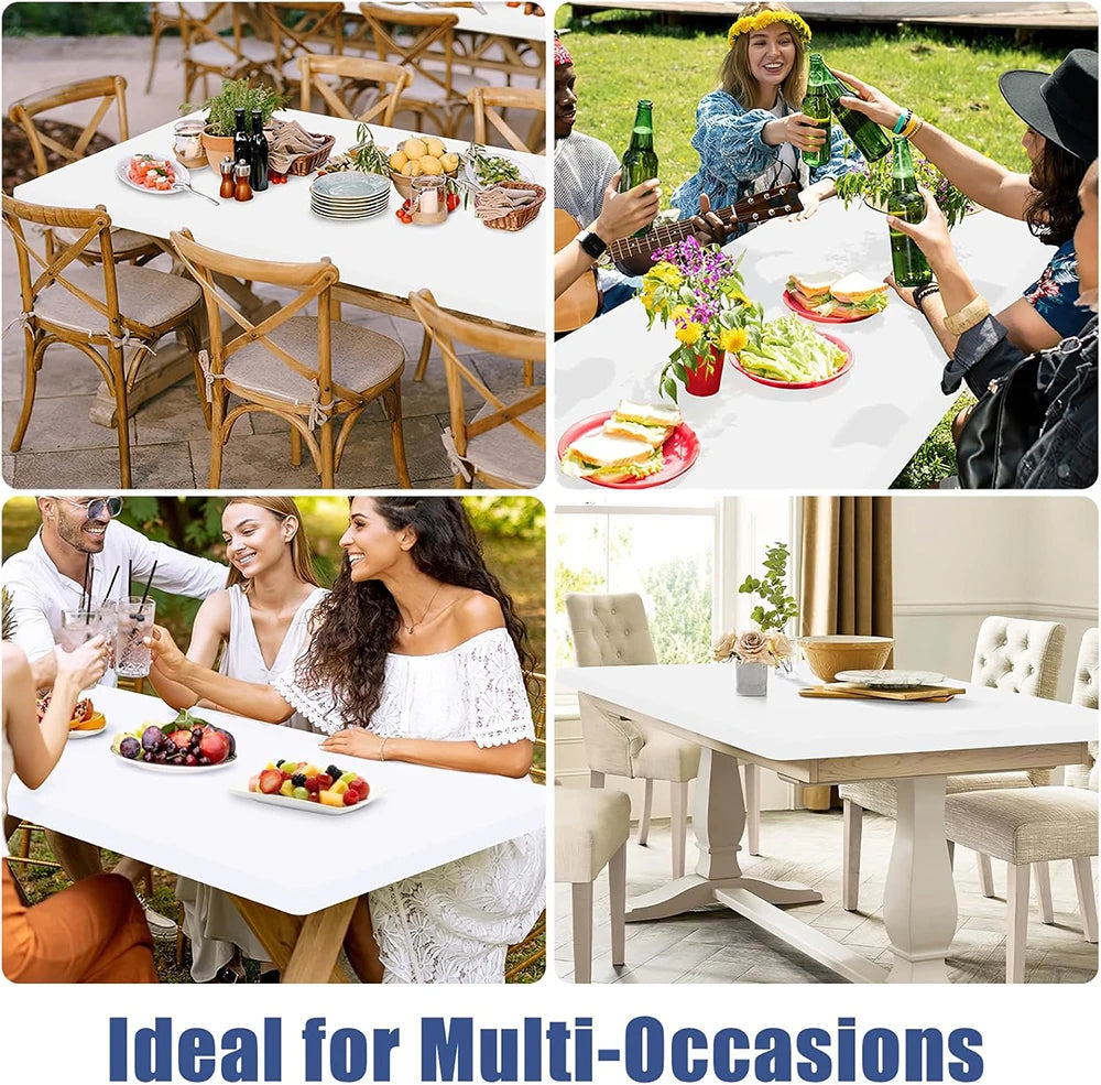 A white stretch tablecloth is set up on a wooden table for dining or events.