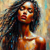 Oil painting of an African American woman with long dark dreadlocks and red lips, eyes closed, against a textured background.