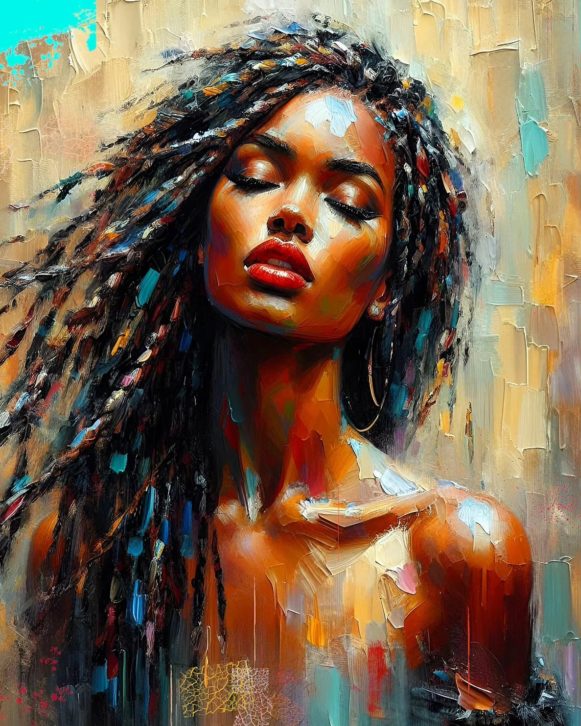 Oil painting of an African American woman with long dark dreadlocks and red lips, eyes closed, against a textured background.
