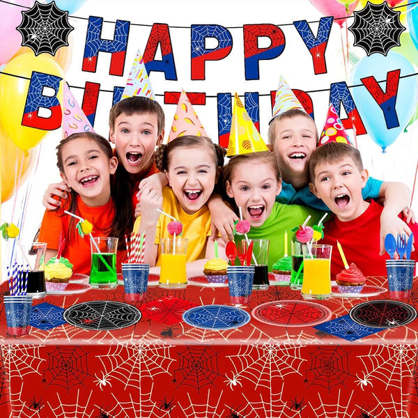 A red and blue spider web party supplies set featuring a banner with the words Happy Birthday
