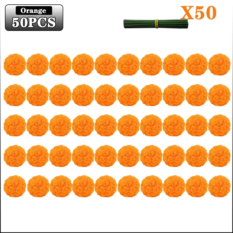A collection of 50 artificial orange marigold flowers with green stems for decorations.