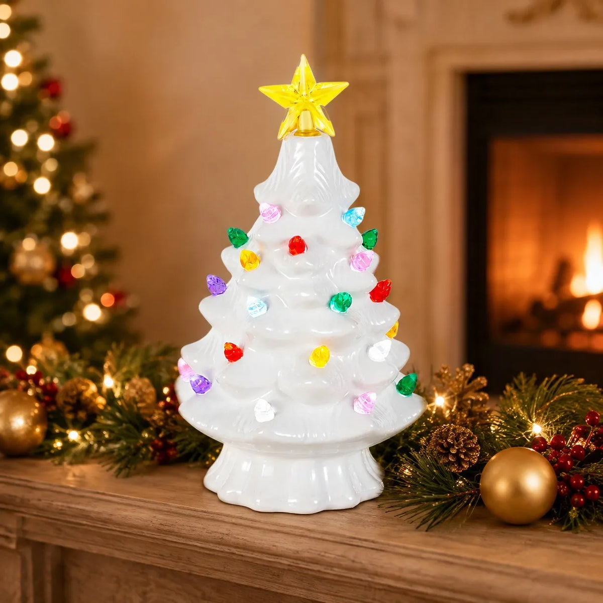 A white ceramic Christmas tree decorated with multicolor LED lights and topped with a gold star, displayed on a wooden surfac