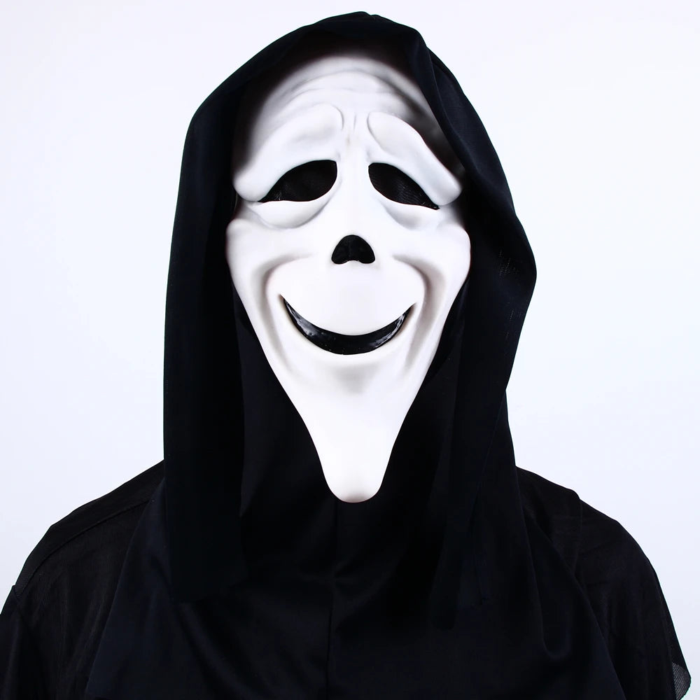 A white screaming skeleton horror mask with a black hood and smiling expression.