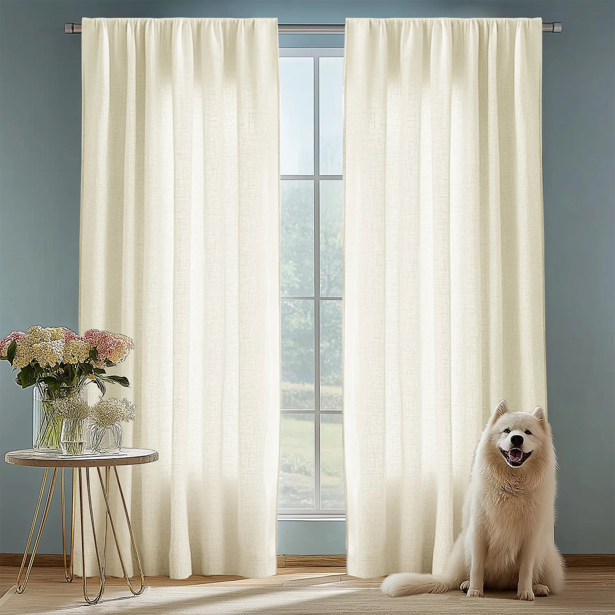 Light beige natural linen sheer curtains hanging in a window with a fluffy dog sitting nearby