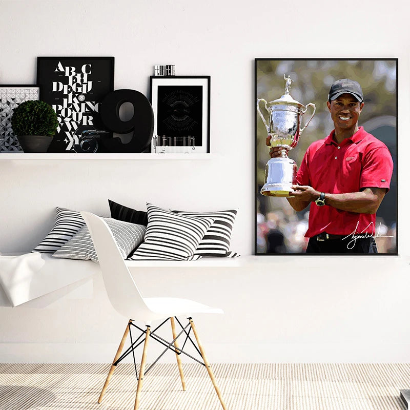 A framed canvas wall art portrait of Tiger Woods in a red polo shirt and cap.