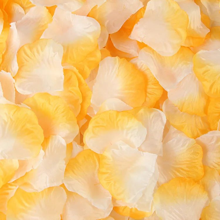 Close-up of yellow and cream artificial silk rose petals for events.