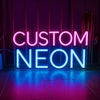 A glowing neon sign spelling CUSTOM NEON in bright blue and purple light against a dark background.