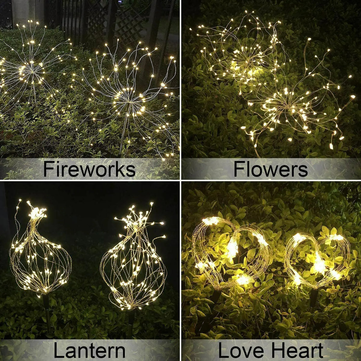 Quatre images montrant des feux d'artifice, des fleurs, une lanterne et un cœur d'amour fait de lumières LED lumineuses pour 