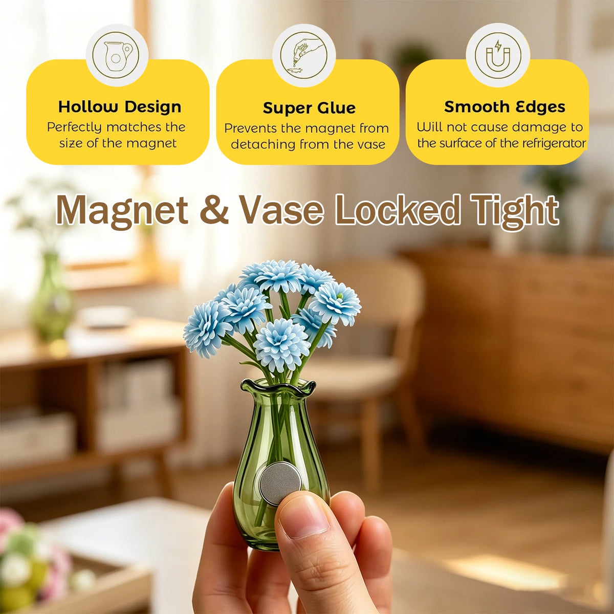A hand holds a green glass vase with a magnetic lid, demonstrating a magnet and vase locked tight.