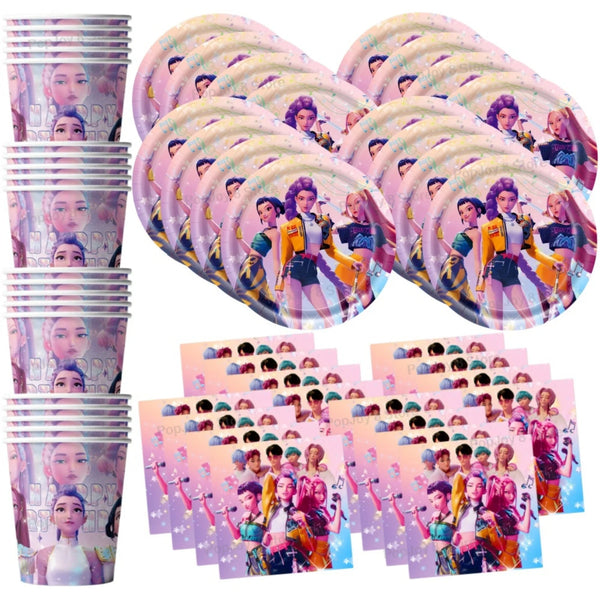 A set of 60 disposable party tableware plates featuring Kpop girl themes and colorful designs.