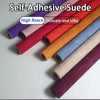 Rolls of self-adhesive suede fabric in various colors including purple, pink, red, orange, blue, and beige.