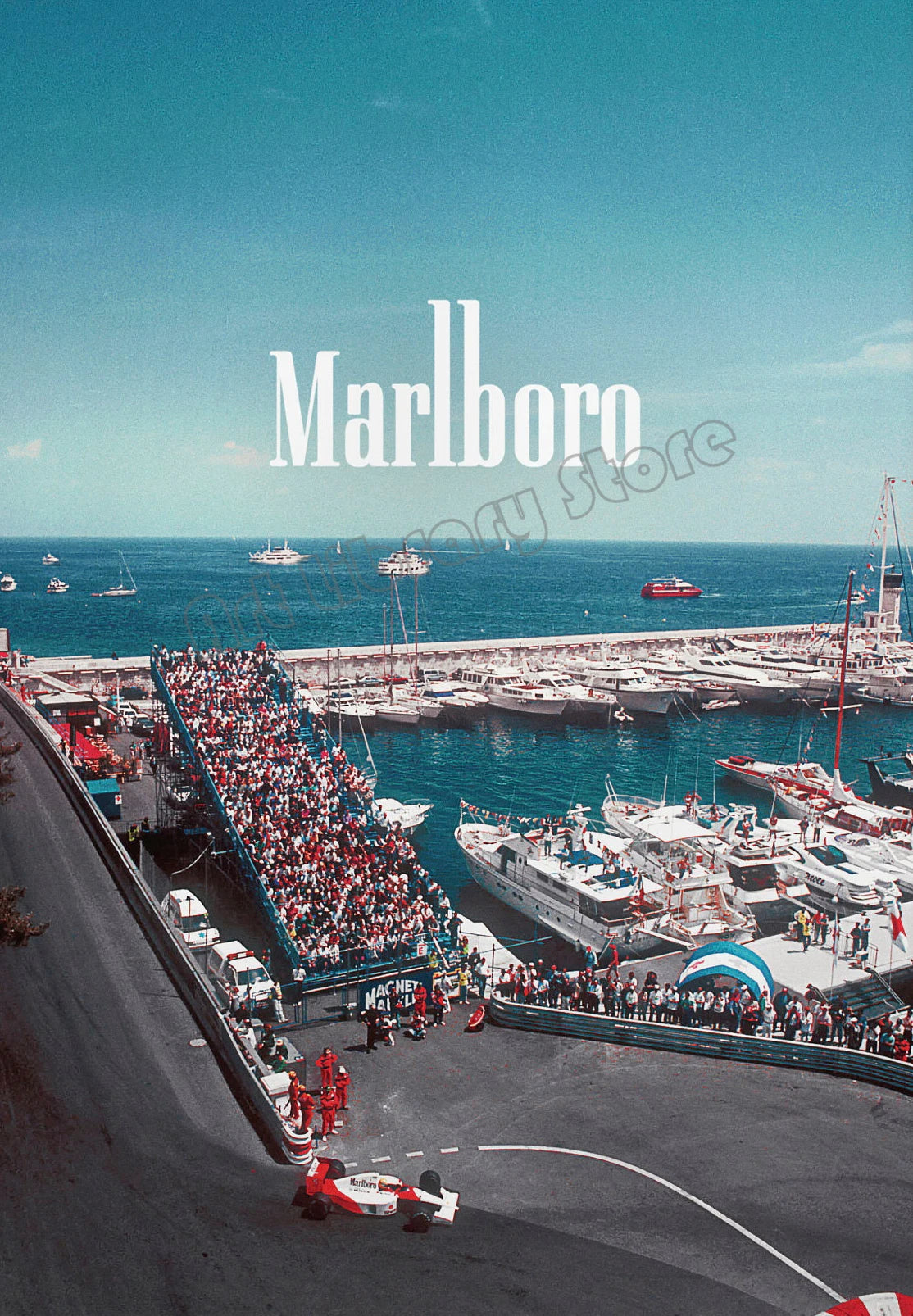 A vintage F1 Monaco racing canvas art print featuring a race car on a track with boats in the background.