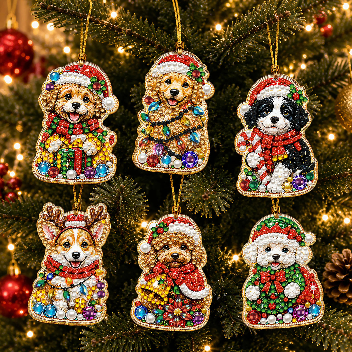 A set of Christmas diamond art ornaments featuring Santa, snowman, and reindeer pendants hanging on a green Christmas tree.