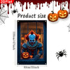 A 2D flat Halloween window banner featuring a terrifying clown with an orange pumpkin and spider web design.