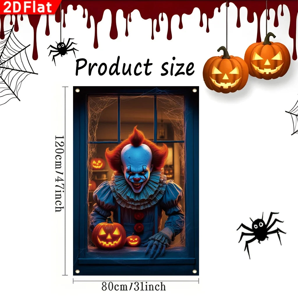 A 2D flat Halloween window banner featuring a terrifying clown with an orange pumpkin and spider web design.
