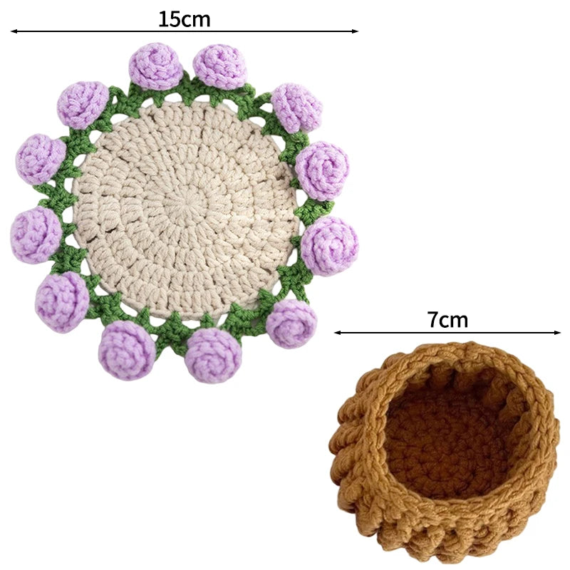 Hand-crocheted rose flower coasters featuring light beige and purple yarn in a circular pattern.