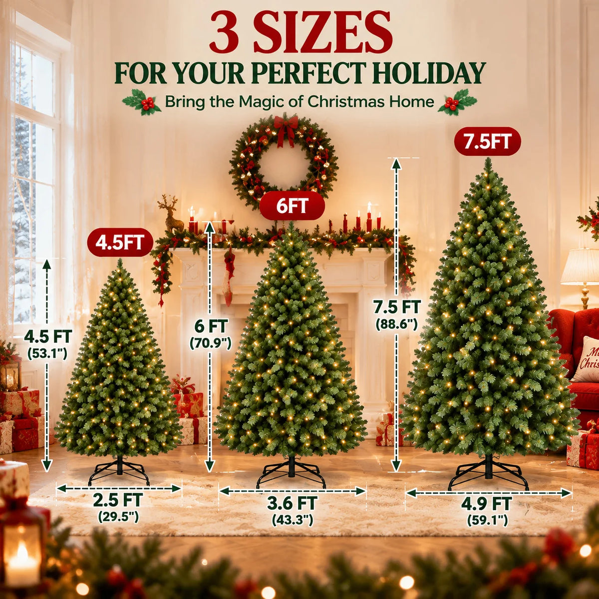 Three sizes of pre-lit Fraser fir artificial Christmas trees displayed in a living room setting.