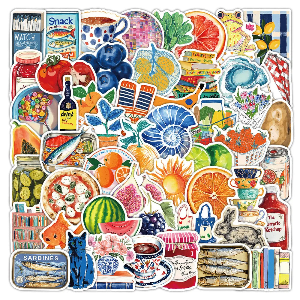 Colección de pegatinas decorativas vintage con alimentos como sardinas, frutas y verduras.