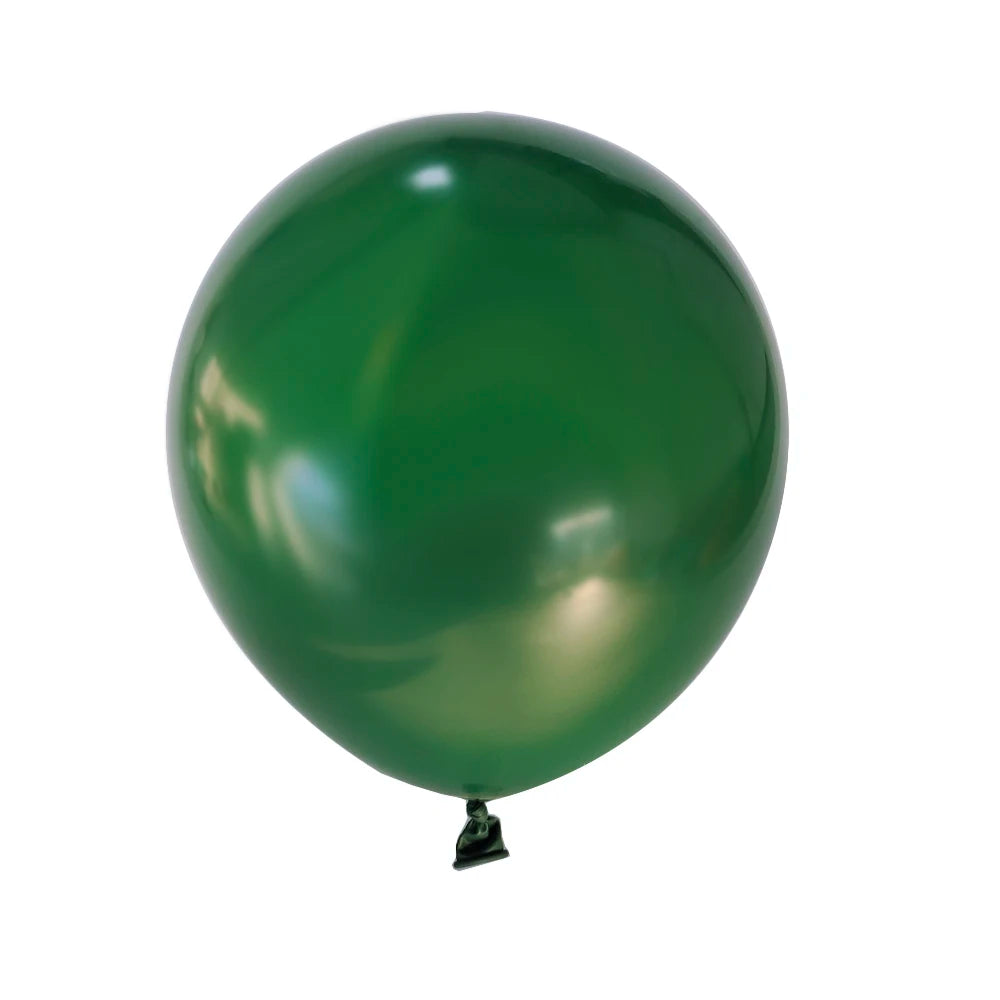 A single, glossy dark green latex balloon is shown against a white background.