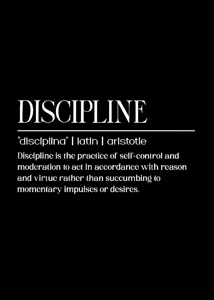 Text on a black background defining discipline as self-control and moderation according to Aristotle