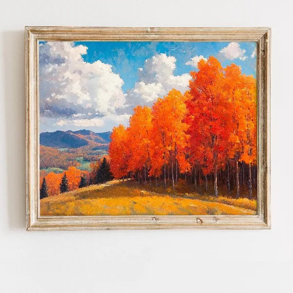 Oil painting of an autumn field landscape featuring vibrant orange and red trees against a blue sky.