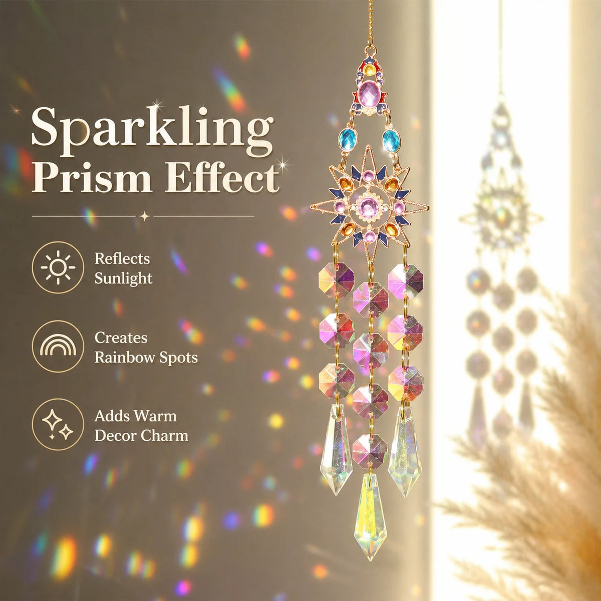A hanging crystal pendant featuring iridescent facets that create a sparkling prism effect.