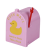 Pink magnetic mailbox cover shaped like a duck with a red key sticking out.