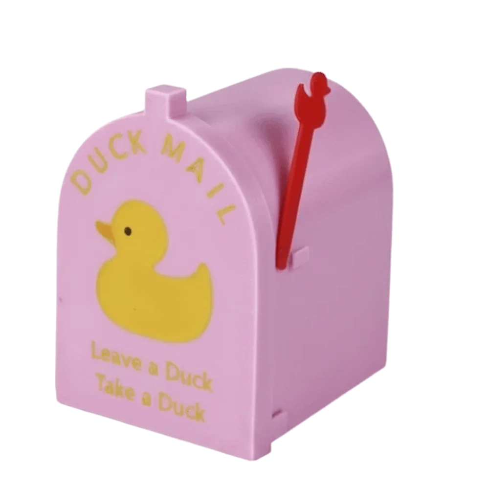 Pink magnetic mailbox cover shaped like a duck with a red key sticking out.