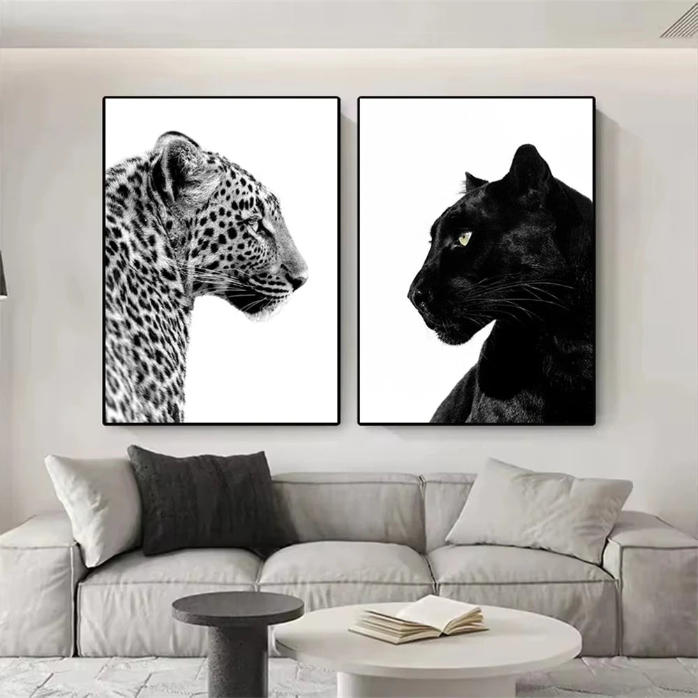 Black and White Leopard and Panther Canvas Wall Art Set