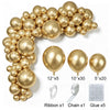 A gold latex balloon garland kit showing balloons, ribbon, chain, and glue for party decor.