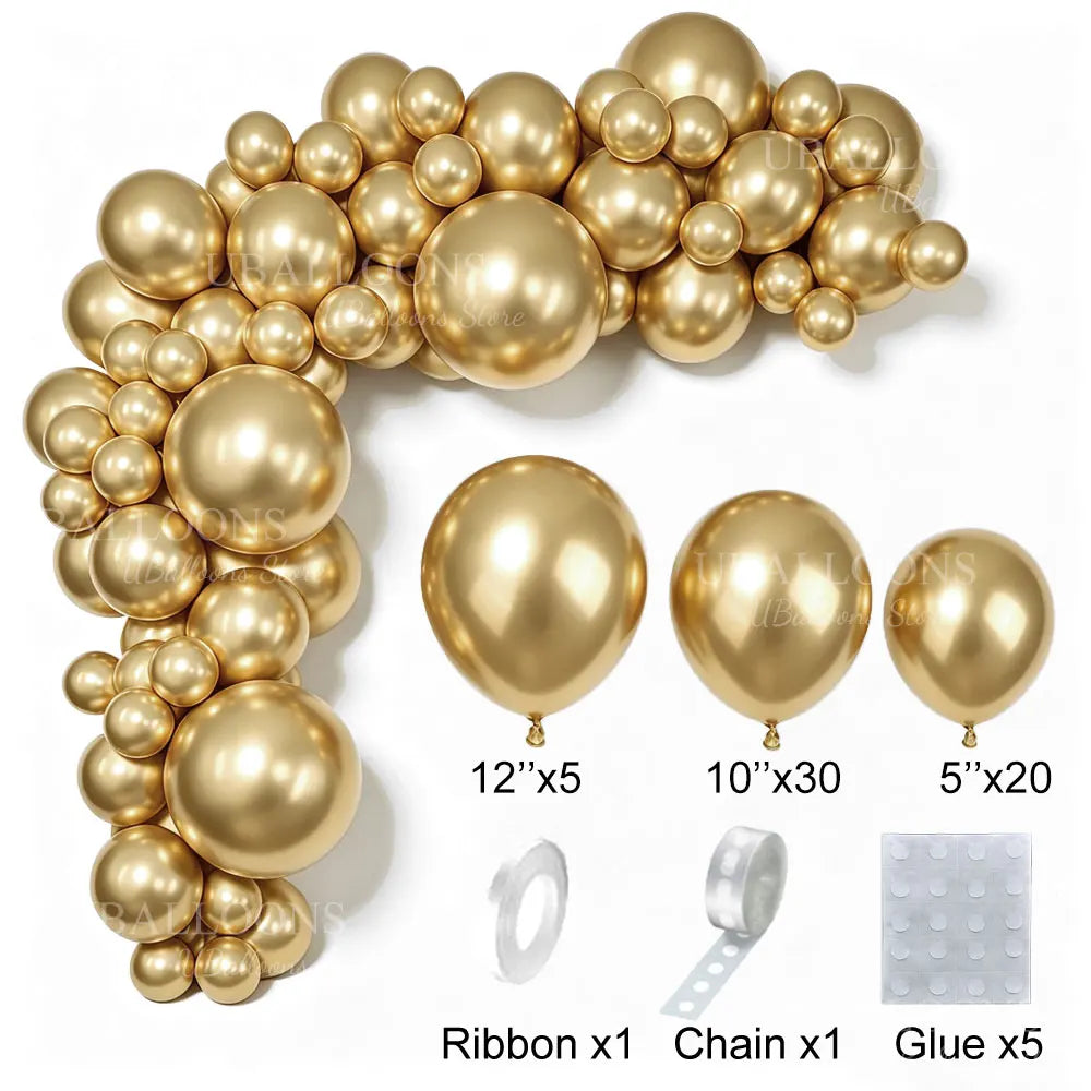 A gold latex balloon garland kit showing balloons, ribbon, chain, and glue for party decor.