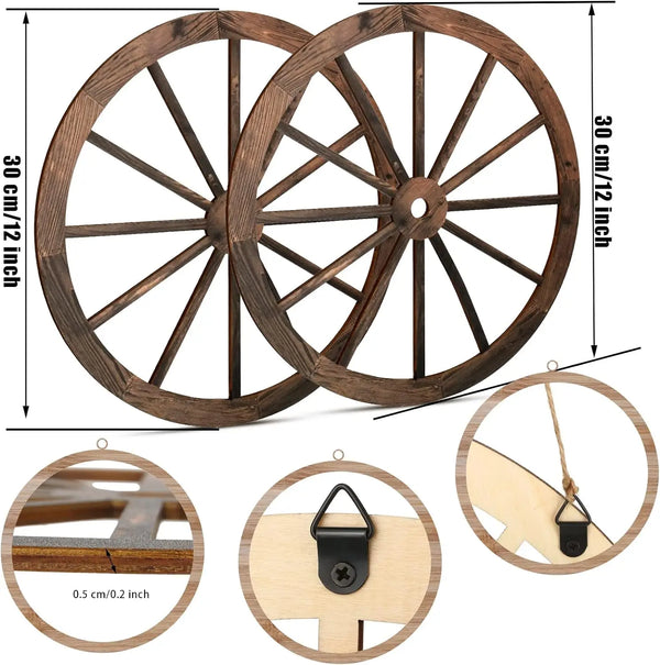 Dos ruedas de carreta de madera con radios y aro, mostrando escala y detalles de construcción.