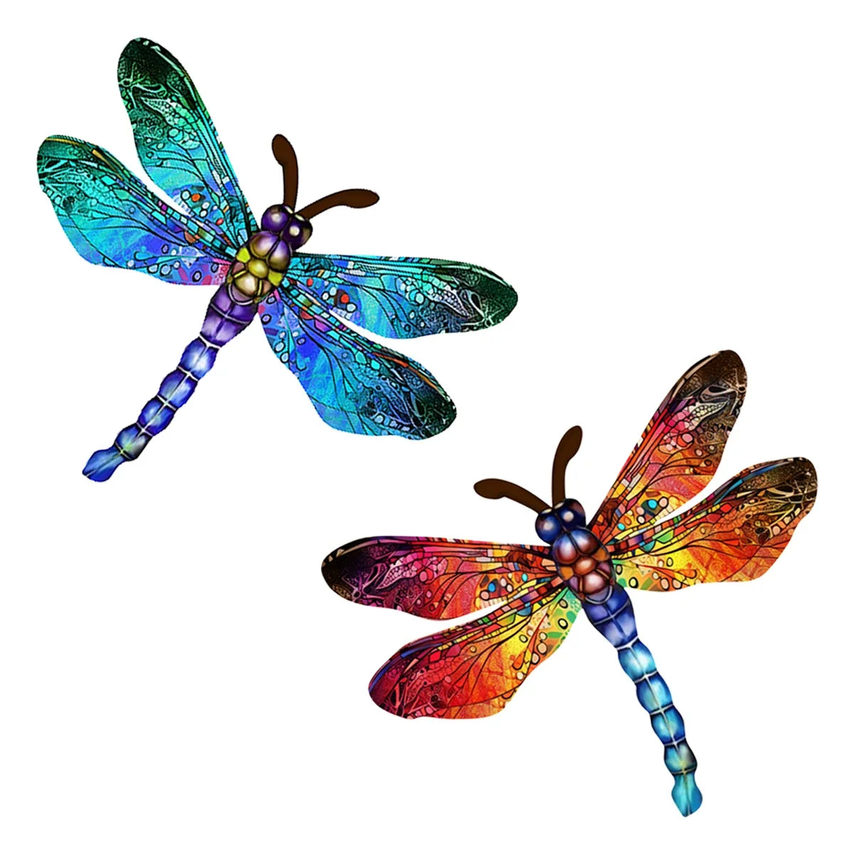 A vibrant, iridescent dragonfly sculpture featuring shades of blue, green, and orange.