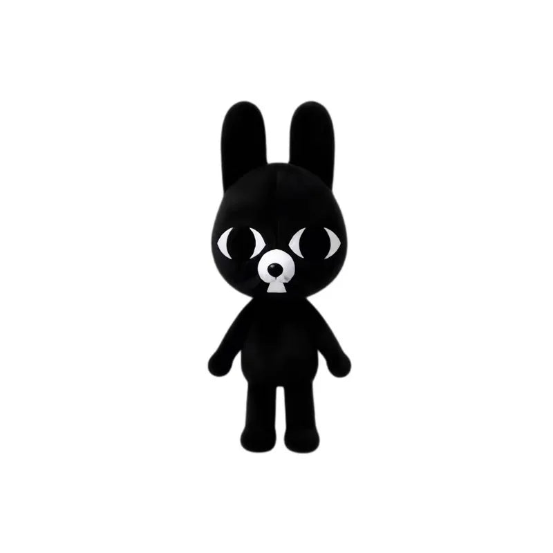 A black plush toy set featuring a cat, dog, penguin, and bunny.