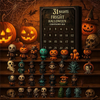 A collection of spooky Halloween figures and pumpkins displayed in a dark box with a 31 nights fright countdown.