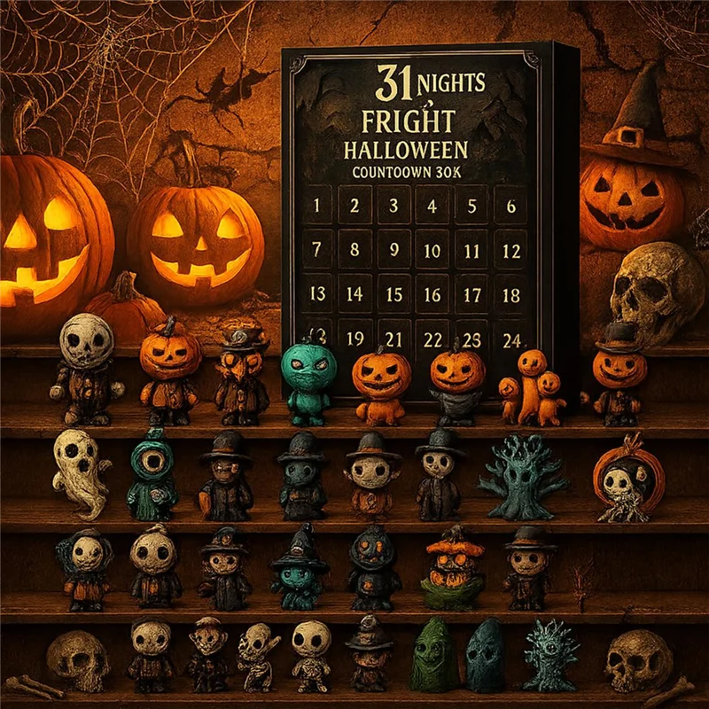A collection of spooky Halloween figures and pumpkins displayed in a dark box with a 31 nights fright countdown.