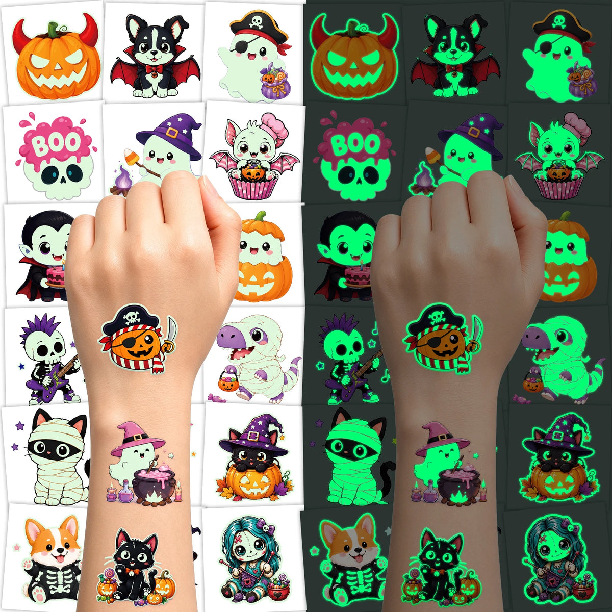 A collection of glow-in-the-dark Halloween temporary tattoos featuring various spooky and cute characters.
