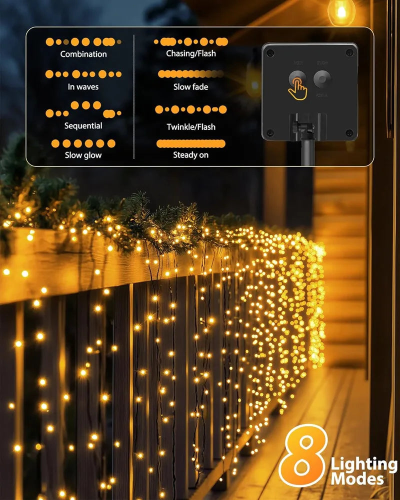 Outdoor fairy string lights illuminating a wooden fence with various lighting modes.