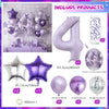 Purple foil balloons shaped like the number 4 and star decorations for themed events