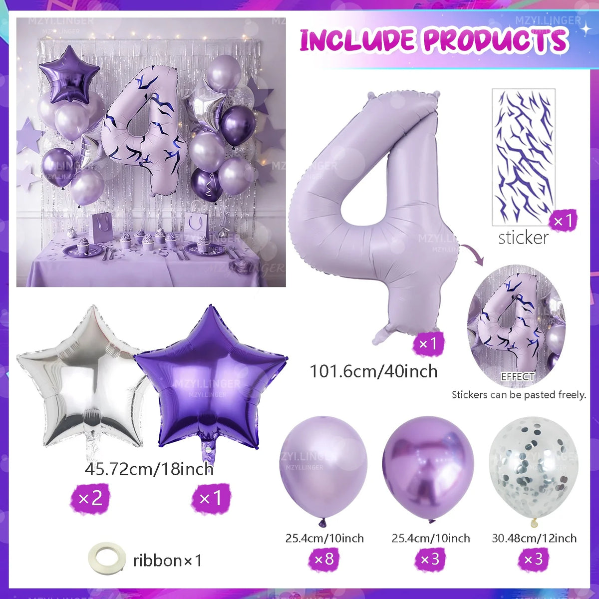 Purple foil balloons shaped like the number 4 and star decorations for themed events