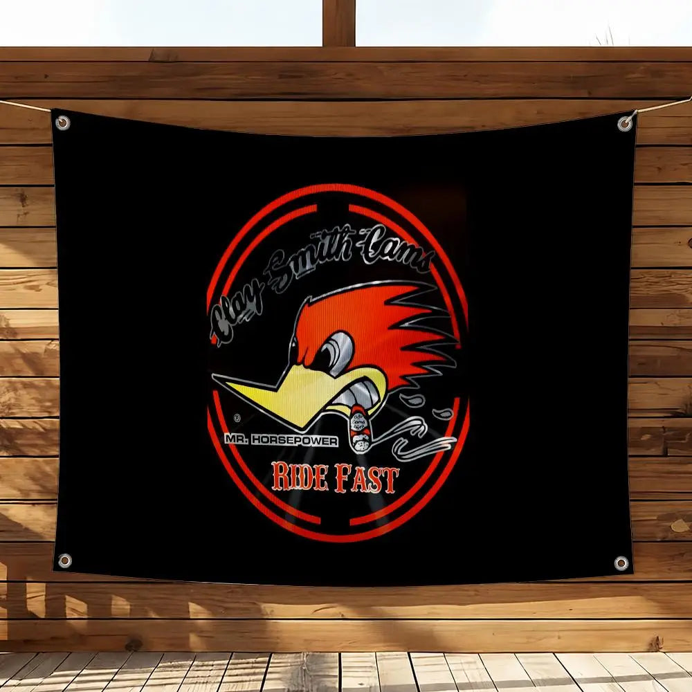 Black flag featuring a circular logo with the text Clay Smith-Cams and Mr. Horsepower Ride Fast
