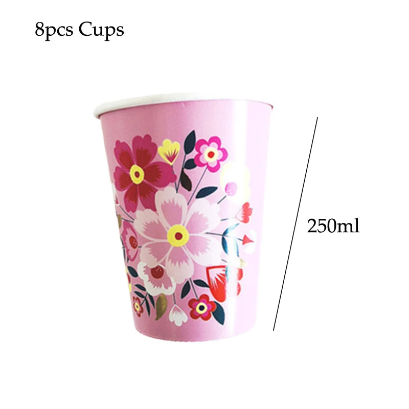 A pink disposable cup with a floral design, showing 8 pieces of cups.