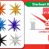 A selection of Starbust balloons in various colors including red, orange, gold, green, blue, purple, black, and silver, displ