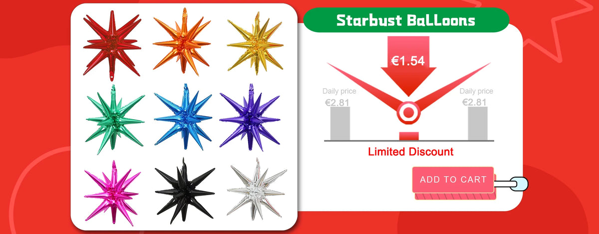 A selection of Starbust balloons in various colors including red, orange, gold, green, blue, purple, black, and silver, displ