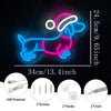 Neon sign of a dachshund dog in pink and blue outline with USB power connection and hardware components