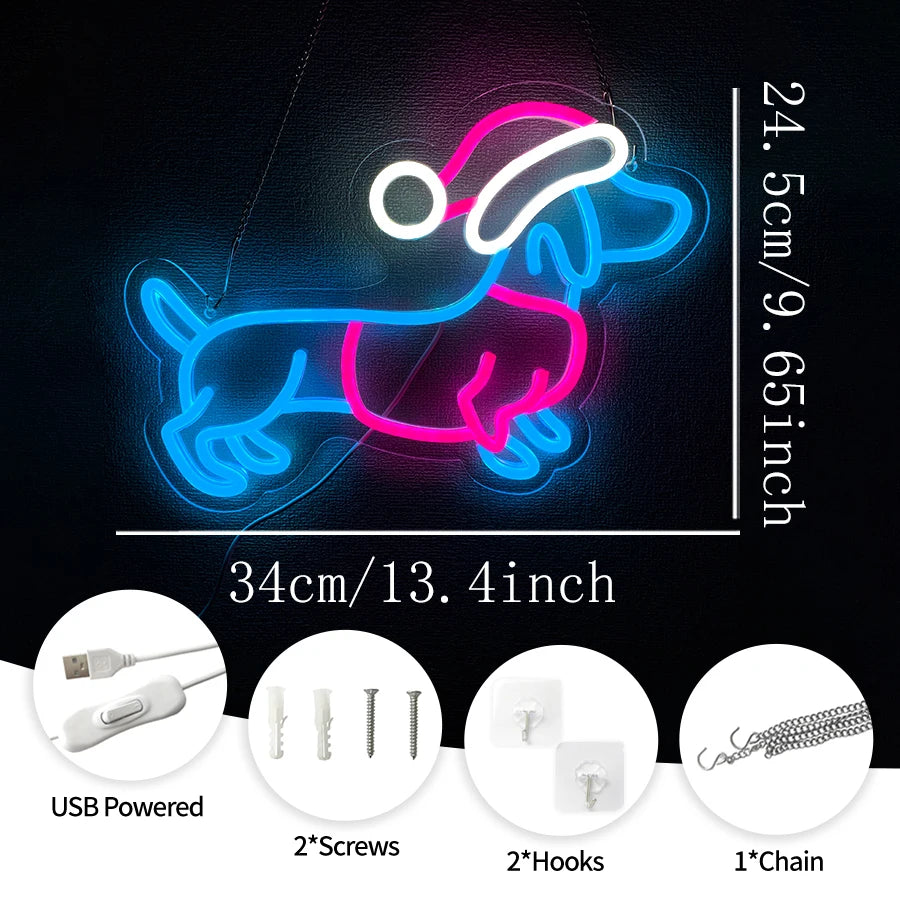 Neon sign of a dachshund dog in pink and blue outline with USB power connection and hardware components