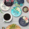 A set of six wooden bible verse coasters featuring floral designs and scripture verses.