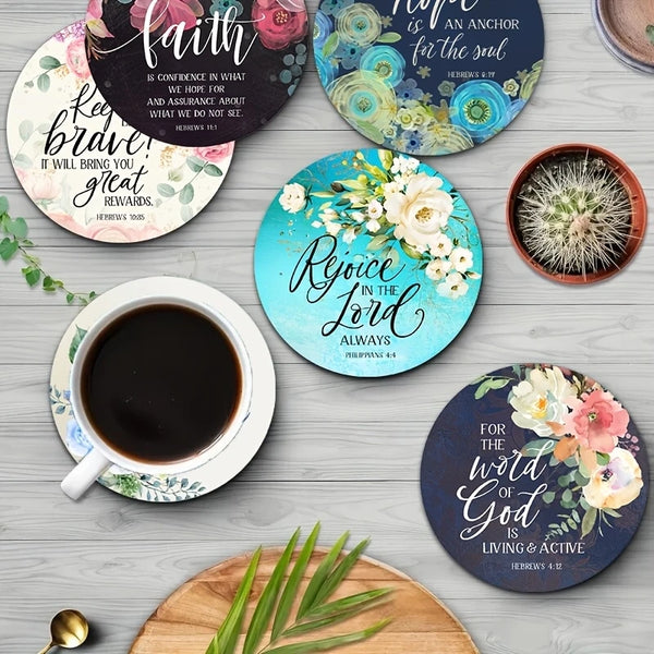 A set of six wooden bible verse coasters featuring floral designs and scripture verses.