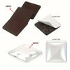 A set of decorative refrigerator magnets includes dark brown and silver square pieces.